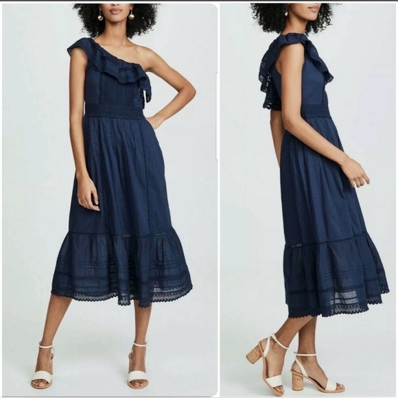 Anthropologie Velvet by Graham & Spencer One-Shoulder Lace Midi Dress Small blue - Picture 4 of 12